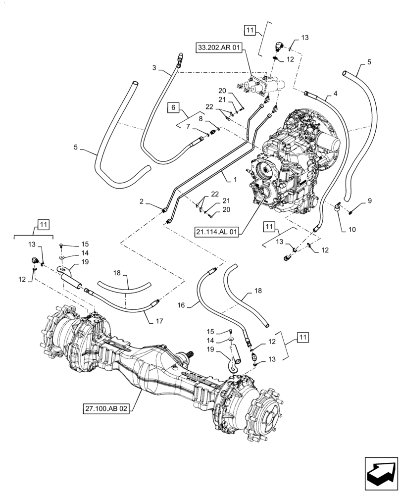 Схема запчастей Case 570N EP - (33.202.BO[01]) - BRAKE LINE, 4WD (33) - BRAKES & CONTROLS