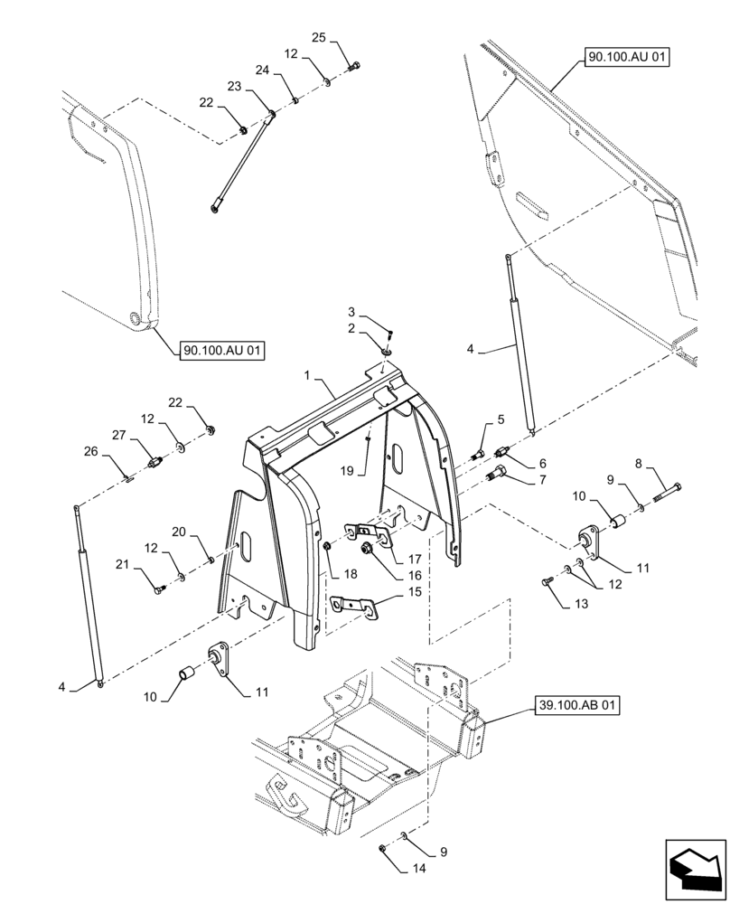 Схема запчастей Case 570N EP - (90.102.AD[01]) - HOOD SUPPORT (90) - PLATFORM, CAB, BODYWORK AND DECALS