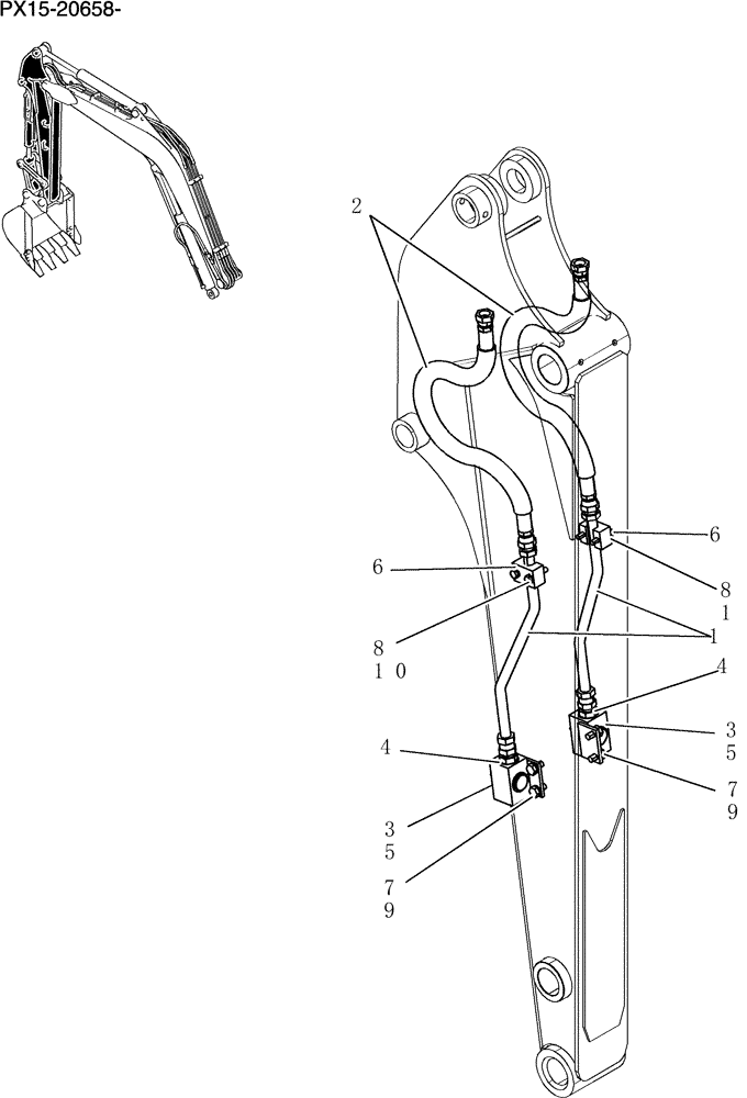 Схема запчастей Case CX36B - (610-60[1]) - HYD LINES, ARM 1.59M (5FT 3IN) NIBBLER & BREAKER Attachment