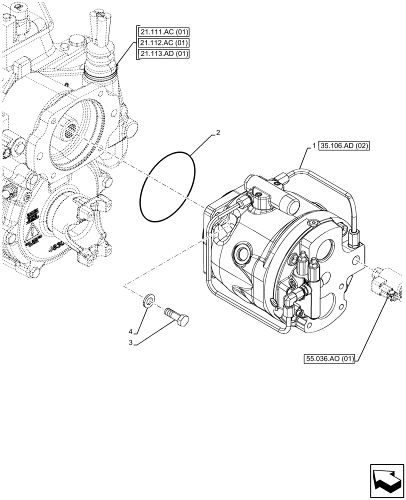 Схема запчастей Case 580SN - (35.106.AD[01]) - VARIABLE DISPLACEMENT HYDRAULIC PUMP (W/O POWER LIFT, W/O DUAL BATTERIES) (35) - HYDRAULIC SYSTEMS