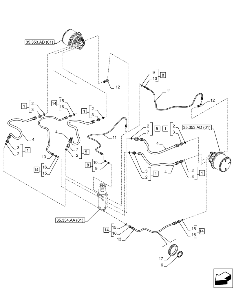 Схема запчастей Case CX300D LC - (35.353.AE) - TRAVEL MOTOR & REDUCTION GEAR, LINES (35) - HYDRAULIC SYSTEMS