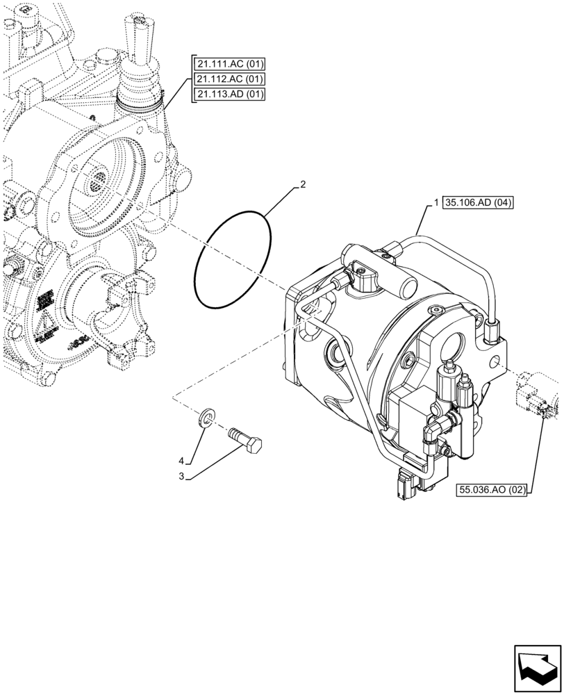 Схема запчастей Case 590SN - (35.106.AD[03]) - VARIABLE DISPLACEMENT HYDRAULIC PUMP (W/ POWER LIFT, W/ DUAL BATTERIES) (35) - HYDRAULIC SYSTEMS