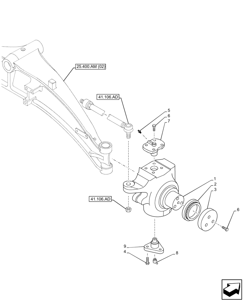 Схема запчастей Case 580SN - (25.400.AQ[01]) - FRONT AXLE, STEERING KNUCKLE, 2WD (25) - FRONT AXLE SYSTEM