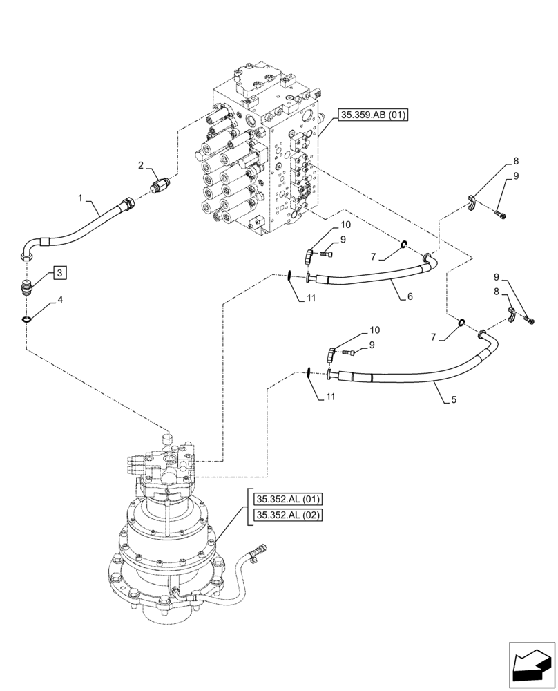 Схема запчастей Case CX300D LC - (35.352.AI[01]) - MOTO-REDUCTION GEAR, LINES (35) - HYDRAULIC SYSTEMS