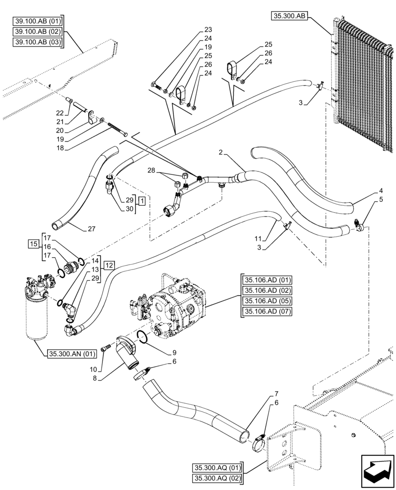 Схема запчастей Case 580SN WT - (35.106.AO[01]) - OIL PUMP, LINE, FITTING (35) - HYDRAULIC SYSTEMS