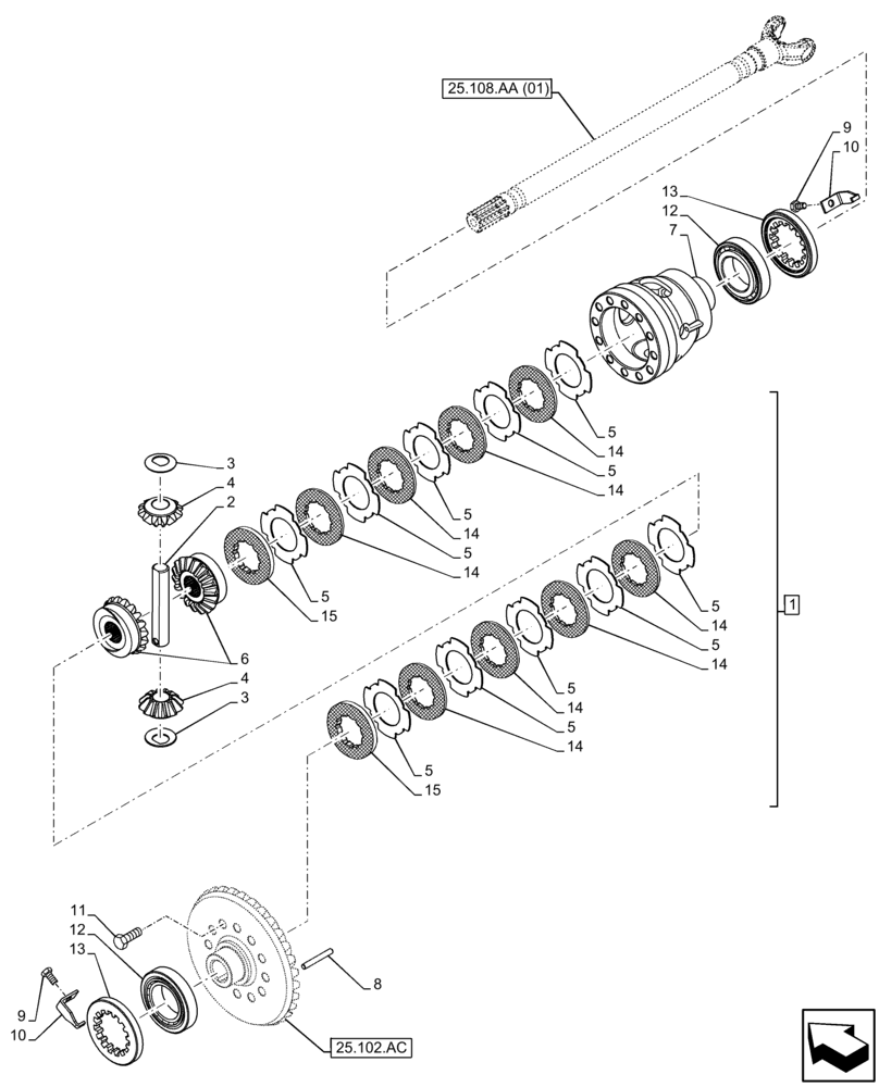 Схема запчастей Case 580SN WT - (25.102.AD) - FRONT AXLE, DIFFERENTIAL GEAR, 4WD (25) - FRONT AXLE SYSTEM