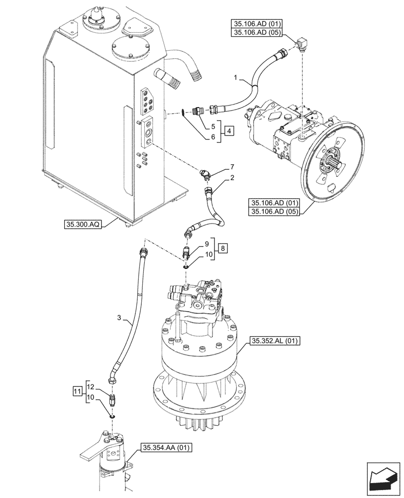 Схема запчастей Case CX300D LC - (35.352.AI[02]) - MOTO-REDUCTION GEAR, LINES (35) - HYDRAULIC SYSTEMS