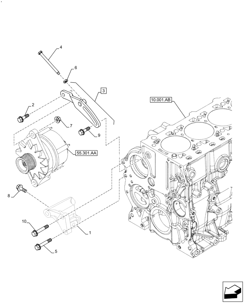 Схема запчастей Case F5BFL413A B007 - (55.301.AB) - ALTERNATOR, SUPPORT (55) - ELECTRICAL SYSTEMS