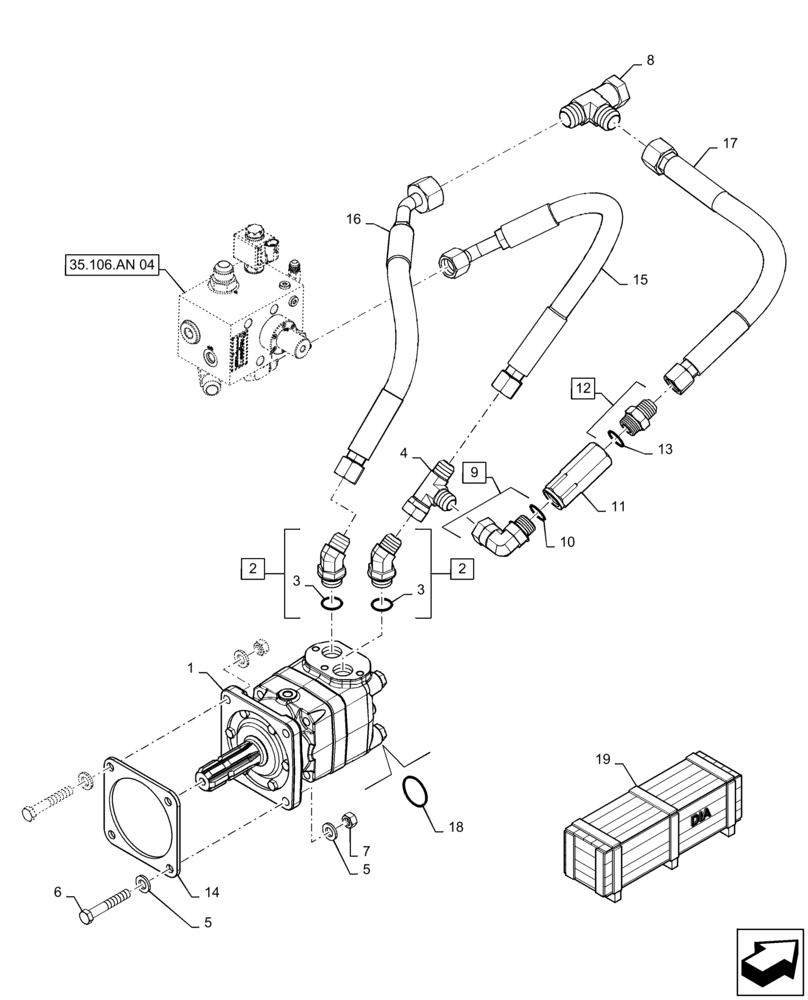 Схема запчастей Case 570N EP - (35.106.AN[02]) - VAR - 745137 - PTO MOTOR & HOSES (35) - HYDRAULIC SYSTEMS