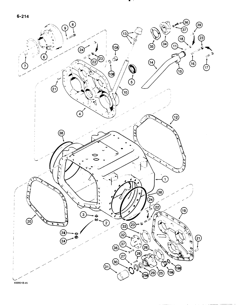 Схема запчастей Case 1455B - (6-214) - TRANSMISSION HOUSING, COVERS, AND DIPSTICK, MODELS WITH FILL TUBE ON THE FRONT COVER, IF USED (06) - POWER TRAIN