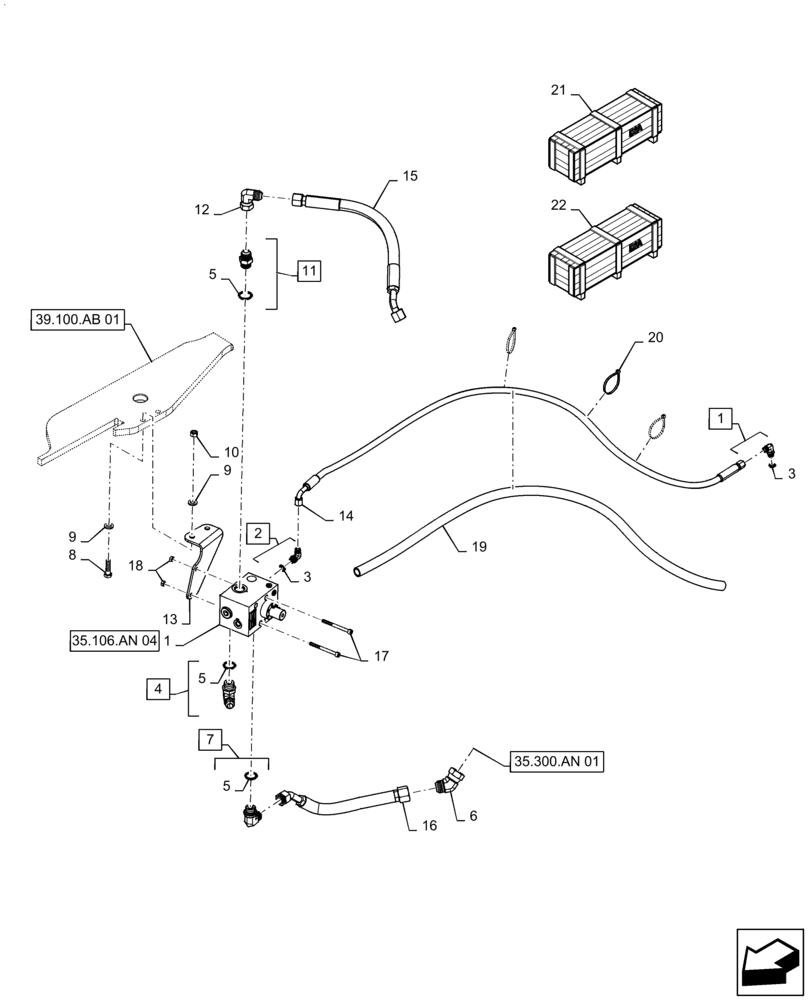 Схема запчастей Case 570N EP - (35.106.AN[03]) - VAR - 745137 - PTO AUXILIARY CONTROL VALVE & LINES (35) - HYDRAULIC SYSTEMS