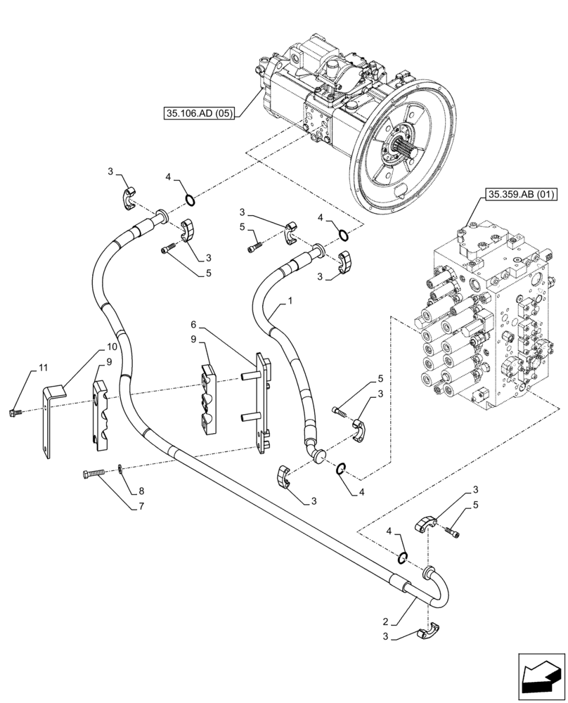 Схема запчастей Case CX300D LC - (35.106.AO[02]) - VARIABLE DELIVERY HYDRAULIC PUMP, LINES (35) - HYDRAULIC SYSTEMS