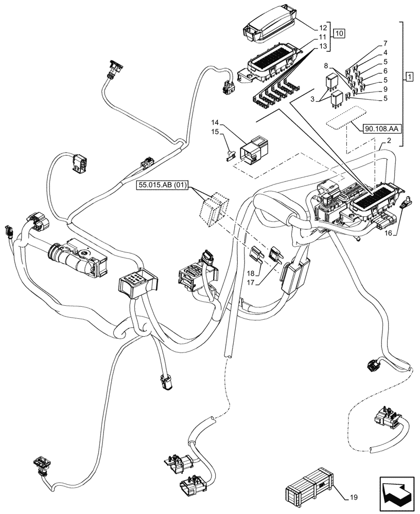 Схема запчастей Case 590SN - (55.100.DO[01]) - ENGINE HARNESS, FUSE BOX, RELAY (55) - ELECTRICAL SYSTEMS