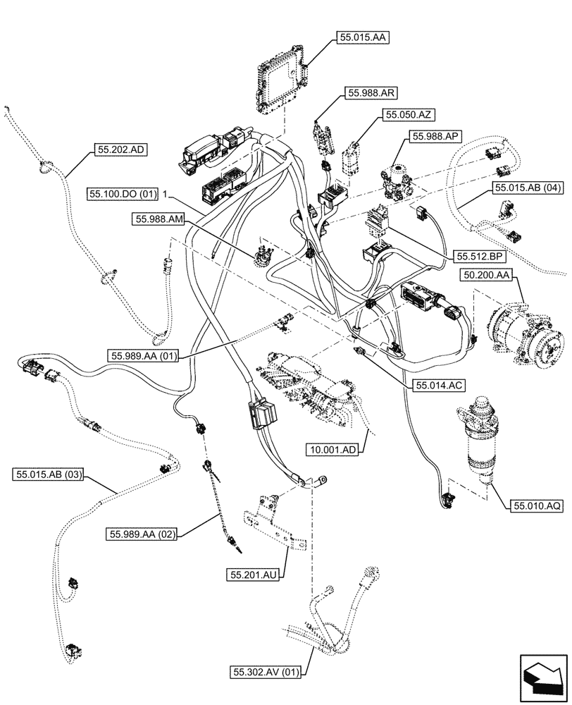 Схема запчастей Case 580SN WT - (55.015.AB[01]) - ENGINE, WIRE HARNESS (55) - ELECTRICAL SYSTEMS