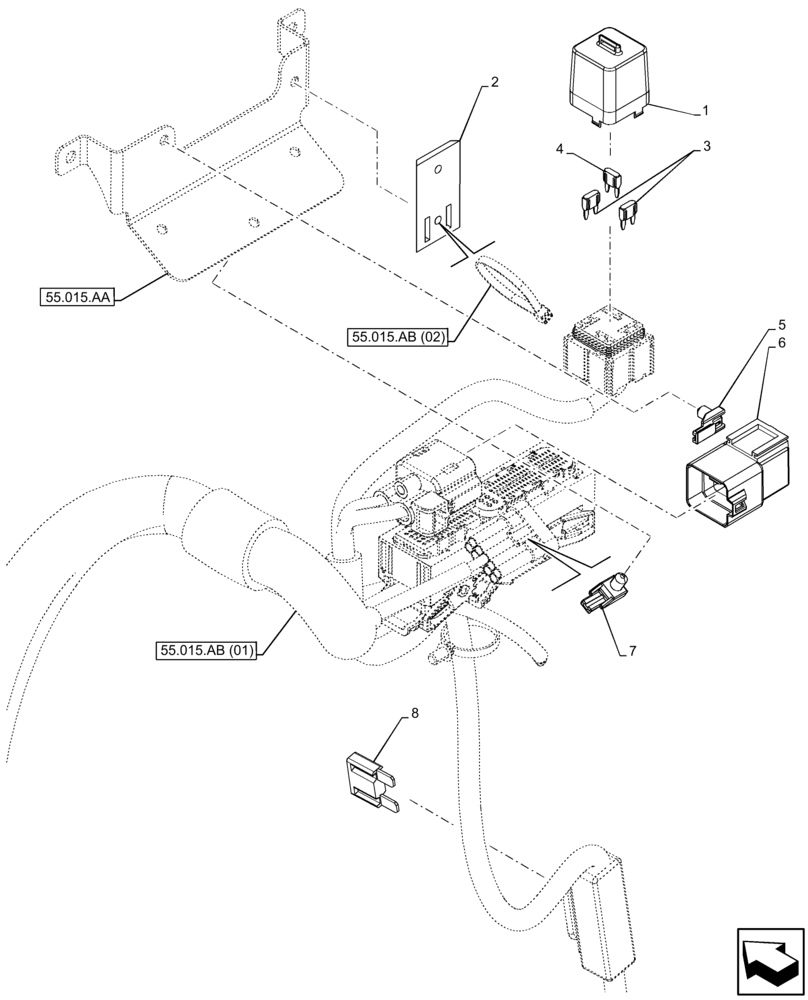 Схема запчастей Case 580N EP - (55.100.DO[01]) - ENGINE HARNESS, FUSE BOX, RELAY (55) - ELECTRICAL SYSTEMS