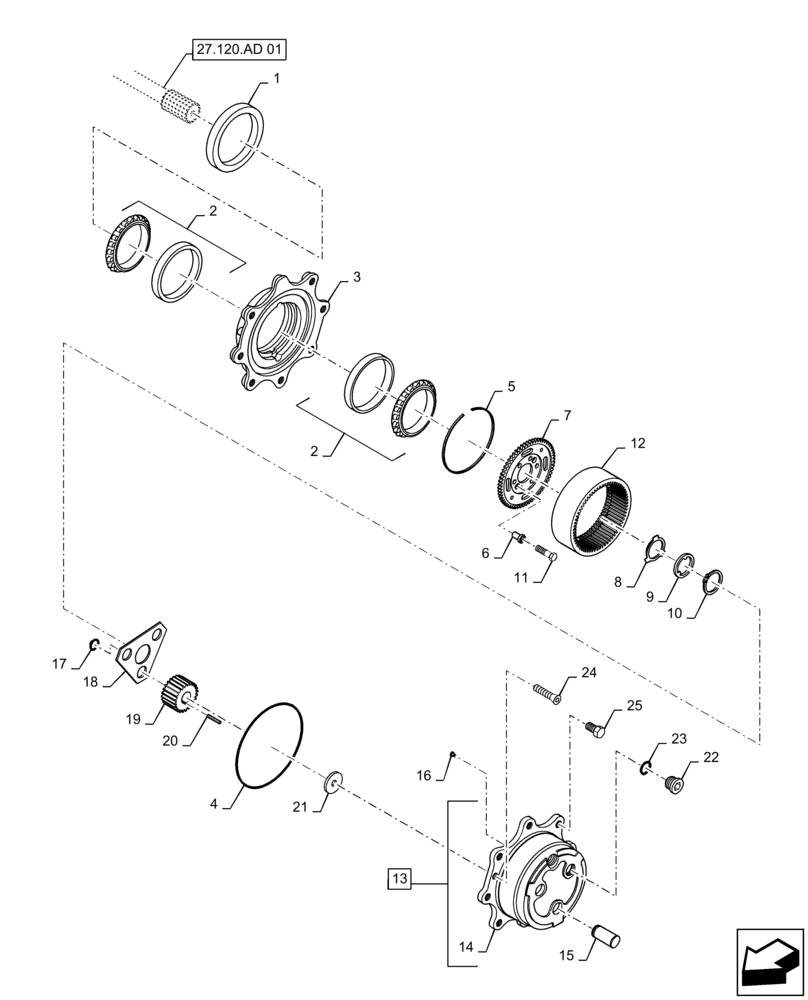 Схема запчастей Case 586H - (27.120.AF[01]) - STEERING AXLE, PLANETARY GEAR, 4WD (27) - REAR AXLE SYSTEM