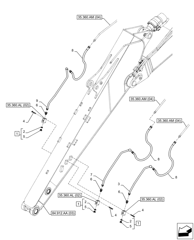 Схема запчастей Case CX300D LC - (35.360.AM[02]) - VAR - 461863 - ARM, LINE, CLAMSHELL BUCKET, ROTATION, W/ ELECTRICAL PROPORTIONAL CONTROL (ARM L=3.18M) (35) - HYDRAULIC SYSTEMS