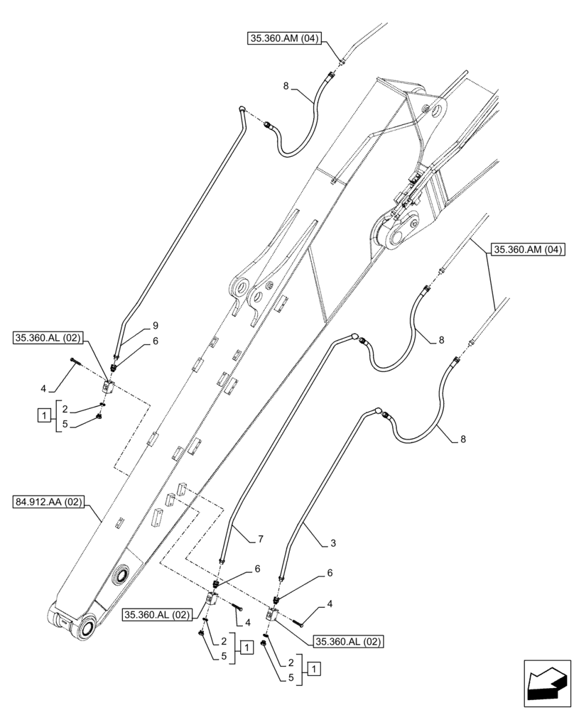 Схема запчастей Case CX300D LC - (35.360.AM[03]) - VAR - 461863 - ARM, LINES, CLAMSHELL BUCKET, ROTATION, W/ ELECTRICAL PROPORTIONAL CONTROL (ARM L=3.66M) (35) - HYDRAULIC SYSTEMS