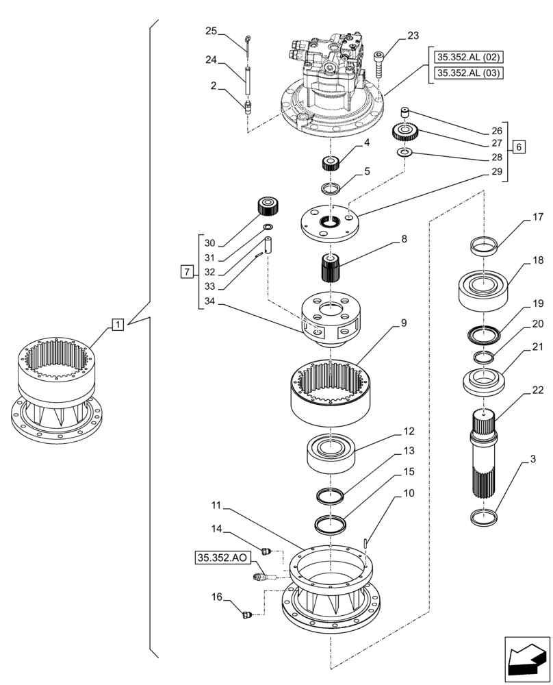 Схема запчастей Case CX300D LC - (35.352.AJ[02]) - MOTO-REDUCTION GEAR, COMPONENTS (35) - HYDRAULIC SYSTEMS