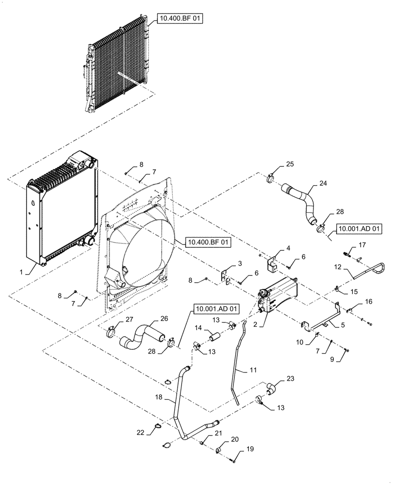 Схема запчастей Case 588H - (10.400.BE[01]) - RADIATOR & HOSES, 2WD (10) - ENGINE