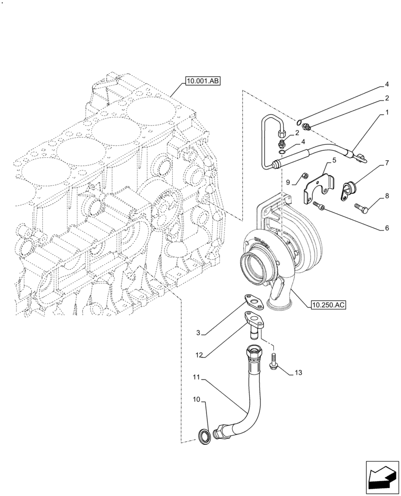 Схема запчастей Case F2CFE614E B006 - (10.250.AD) - TURBOCHARGER OIL SUPPLY LINE (10) - ENGINE