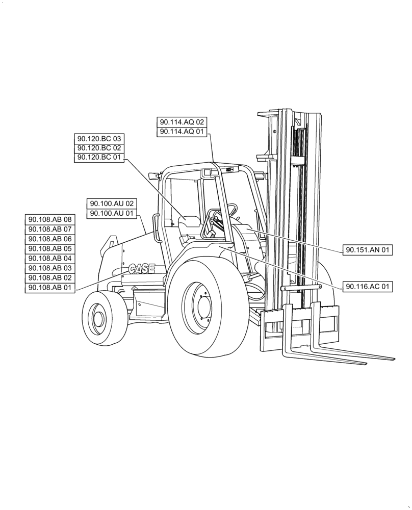 Схема запчастей Case 586H - (90.000.00) - SECTION INDEX - PLATFORM, CAB, BODYWORK & DECALS (90) - PLATFORM, CAB, BODYWORK AND DECALS