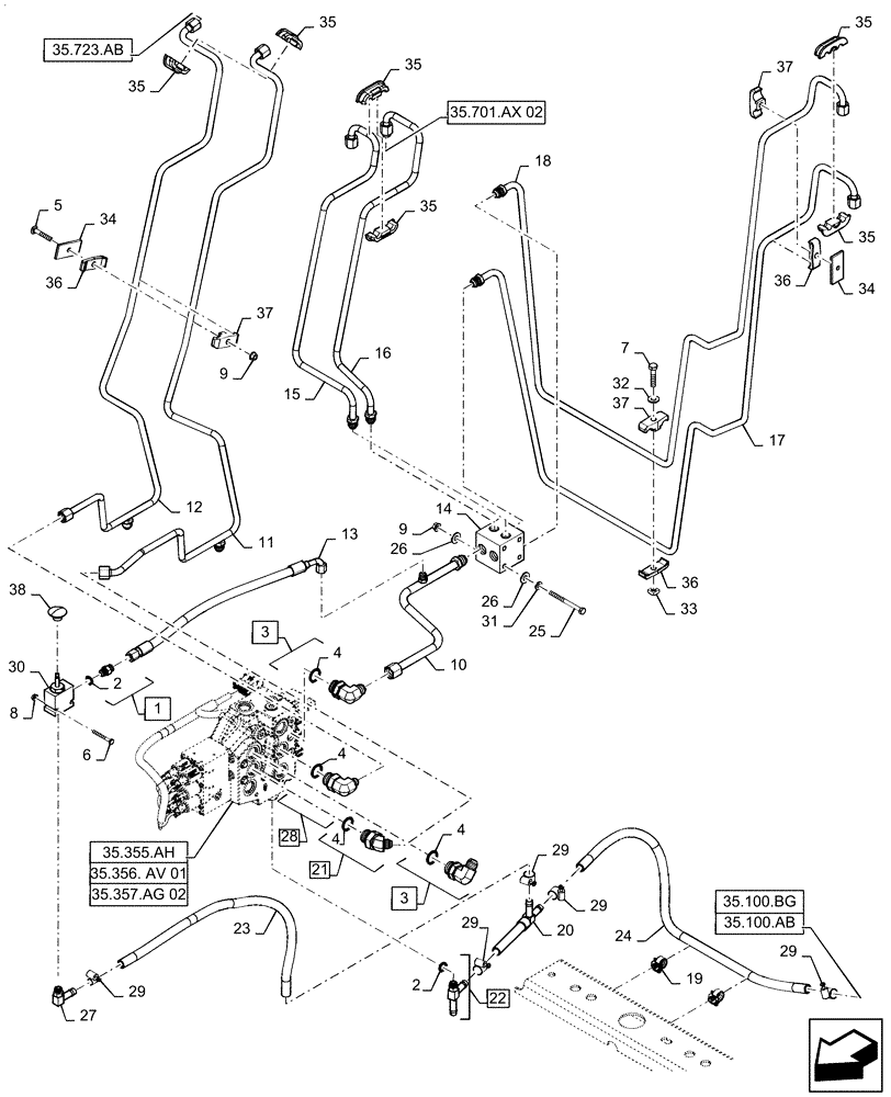 Схема запчастей Case TR310 - (35.701.AX[01]) - LOADER VALVE LINES (35) - HYDRAULIC SYSTEMS