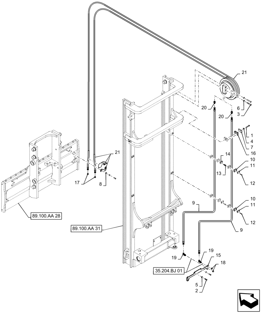 Схема запчастей Case 588H - (35.740.AC[05]) - 8000 LB 22 FT 3 STAGE 60" HOOK W/FPS MAST, HYD. LINE, FORK POSITION (35) - HYDRAULIC SYSTEMS