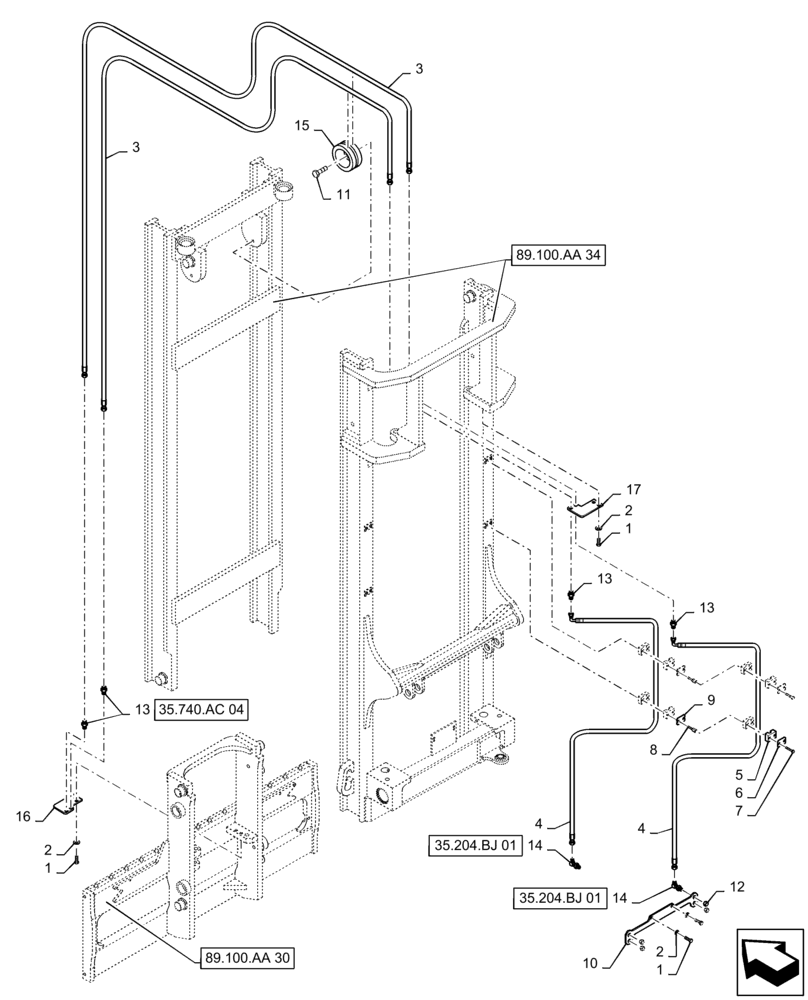 Схема запчастей Case 588H - (35.740.AC[03]) - 8000 LB 15 FT 2 STAGE 84" HOOK W/FPS MAST, HYD. LINE, FORK POSITION (35) - HYDRAULIC SYSTEMS