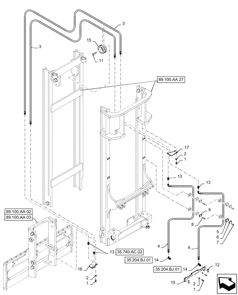 Схема запчастей Case 586H - (35.740.AC[01]) - 6000 LB 15 FT 2 STAGE 60" HOOK W/FPS MAST, HYD. LINE, FORK POSITION (35) - HYDRAULIC SYSTEMS