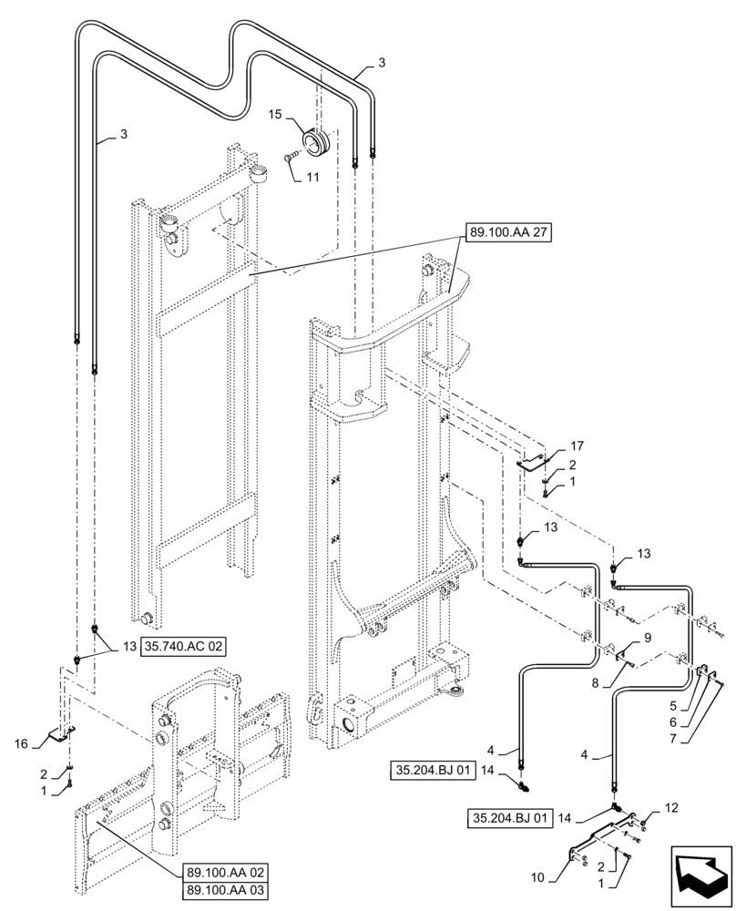 Схема запчастей Case 586H - (35.740.AC[03]) - 6000 LB 15 FT 2 STAGE 84" HOOK W/FPS MAST, HYD. LINE, FORK POSITION (35) - HYDRAULIC SYSTEMS