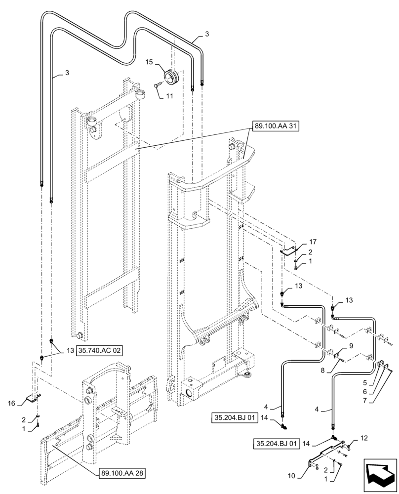 Схема запчастей Case 588H - (35.740.AC[01]) - 8000 LB 15 FT 2 STAGE 60" HOOK W/FPS MAST, HYD. LINE, FORK POSITION (35) - HYDRAULIC SYSTEMS