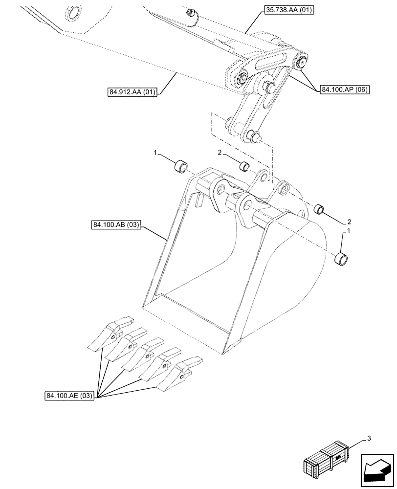 Схема запчастей Case 580SN - (84.100.AM[03]) - VAR - 423069 - BUCKET, UNIVERSAL 24INCH/610MM, BUSHING (84) - BOOMS, DIPPERS & BUCKETS