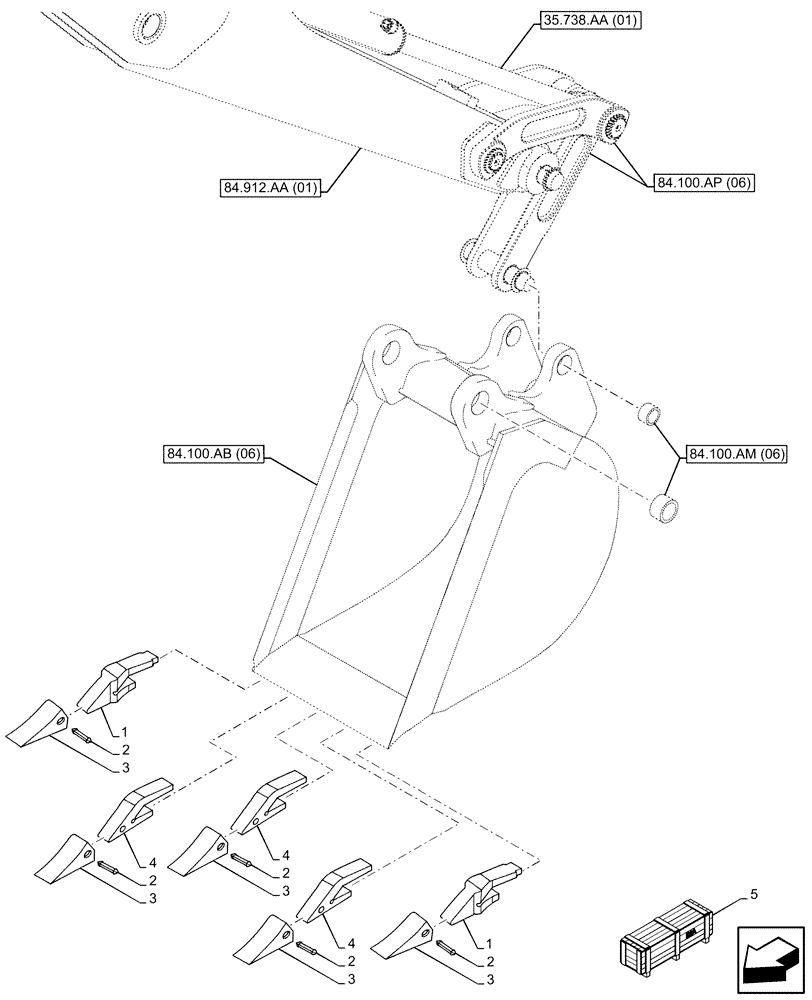 Схема запчастей Case 580SN WT - (84.100.AE[06]) - VAR - 423072 - BUCKET, HIGH CAPACITY 24INCH/610MM, TEETH (84) - BOOMS, DIPPERS & BUCKETS