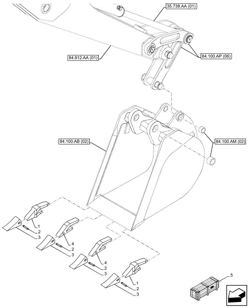 Схема запчастей Case 580SN WT - (84.100.AE[02]) - VAR - 423068 - BUCKET, UNIVERSAL 18INCH/457MM, TEETH (84) - BOOMS, DIPPERS & BUCKETS