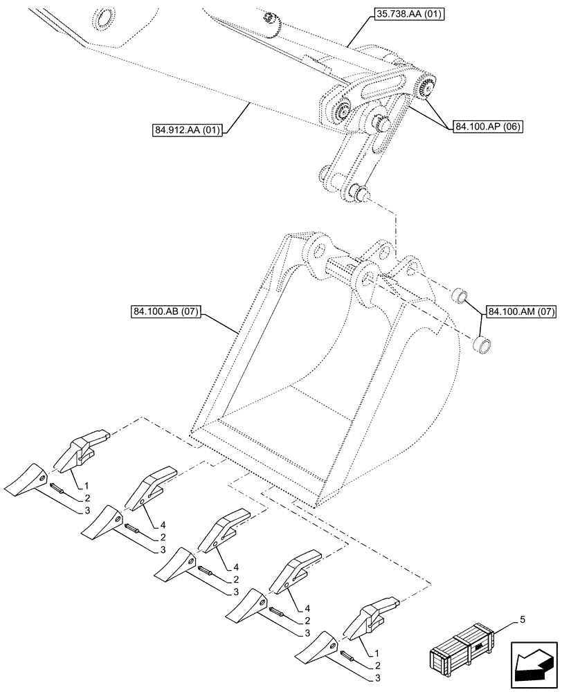 Схема запчастей Case 590SN - (84.100.AE[07]) - VAR - 423065 - BUCKET, HIGH CAPACITY 30INCH/762MM, TEETH (84) - BOOMS, DIPPERS & BUCKETS