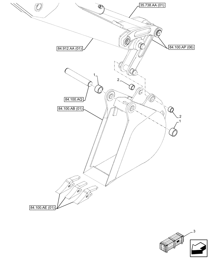 Схема запчастей Case 590SN - (84.100.AM[01]) - VAR - 423066 - BUCKET, UNIVERSAL 12INCH/305MM, BUSHING (84) - BOOMS, DIPPERS & BUCKETS