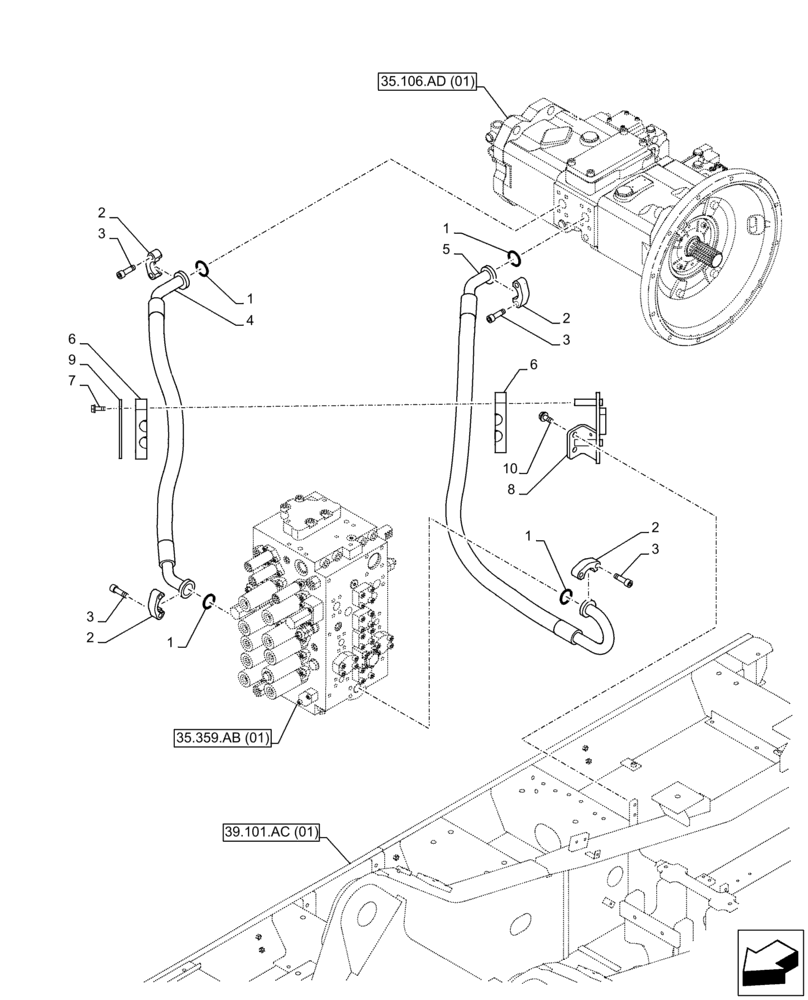 Схема запчастей Case CX350D LC - (35.106.AO[01]) - VARIABLE DELIVERY HYDRAULIC PUMP, PRESSURE PIPE (35) - HYDRAULIC SYSTEMS