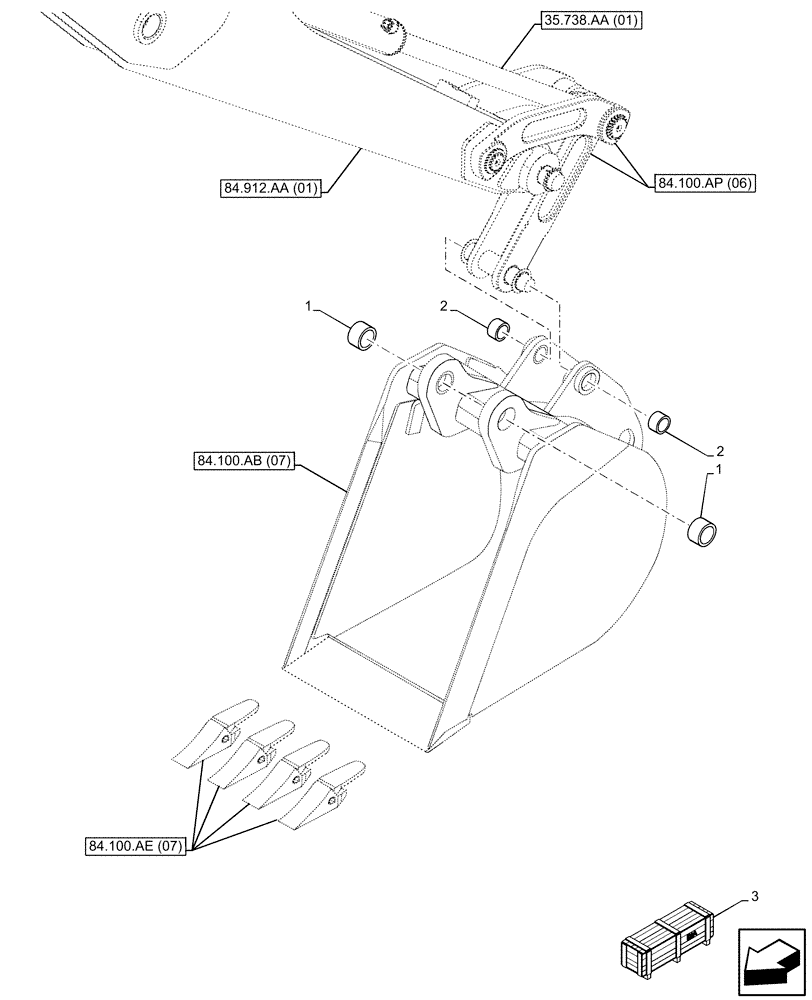 Схема запчастей Case 580N EP - (84.100.AM[07]) - VAR - 423063 - BUCKET, TRENCH 18INCH/457MM, BUSHING (84) - BOOMS, DIPPERS & BUCKETS