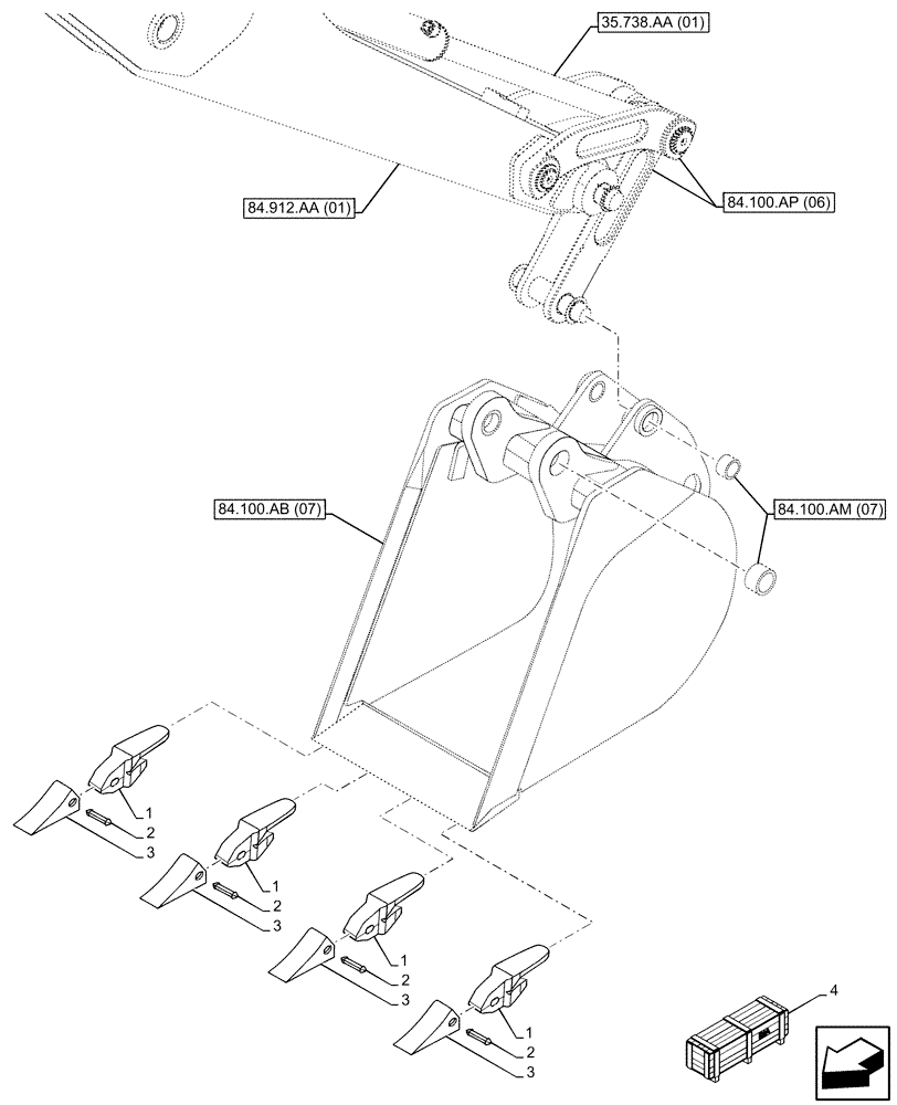 Схема запчастей Case 580N EP - (84.100.AE[07]) - VAR - 423063 - BUCKET, TRENCH 18INCH/457MM, TEETH (84) - BOOMS, DIPPERS & BUCKETS