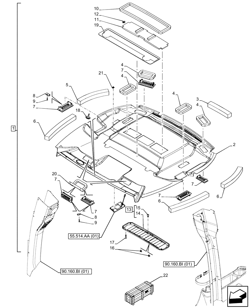 Схема запчастей Case 590SN - (90.160.AX[02]) - VAR - 442083 - CAB HEADLINER (90) - PLATFORM, CAB, BODYWORK AND DECALS
