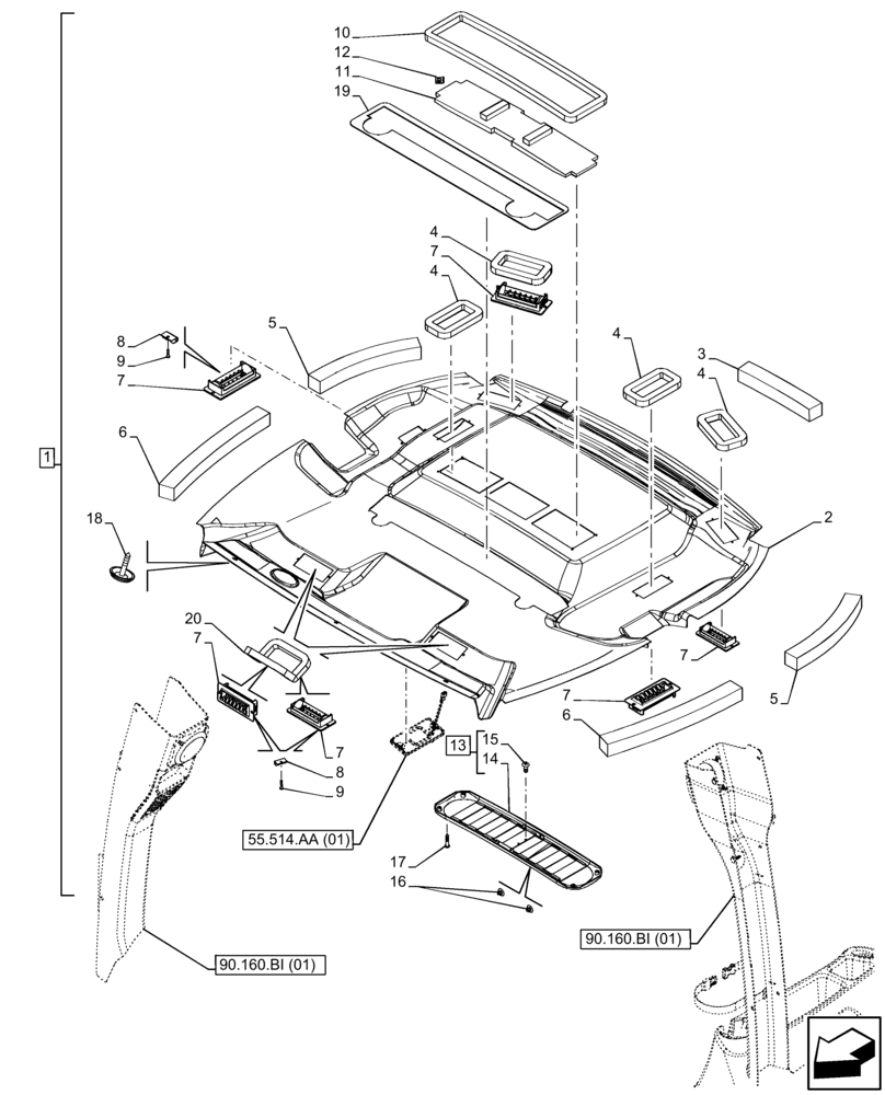 Схема запчастей Case 580N EP - (90.160.AX[01]) - CAB HEADLINER (90) - PLATFORM, CAB, BODYWORK AND DECALS