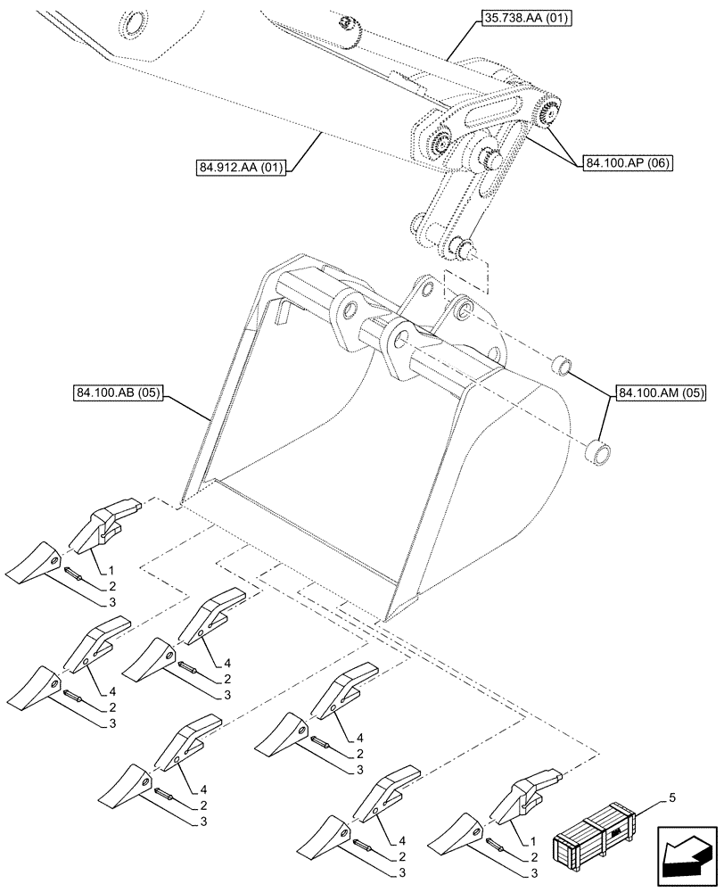 Схема запчастей Case 580N EP - (84.100.AE[05]) - VAR - 423071 - BUCKET, UNIVERSAL 36INCH/914MM, TEETH (84) - BOOMS, DIPPERS & BUCKETS