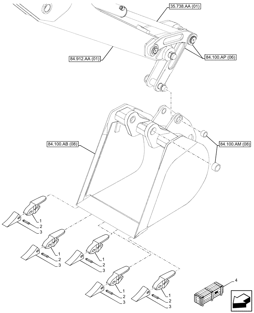 Схема запчастей Case 580N EP - (84.100.AE[08]) - VAR - 423064 - BUCKET, TRENCH 24INCH/610MM, TEETH (84) - BOOMS, DIPPERS & BUCKETS