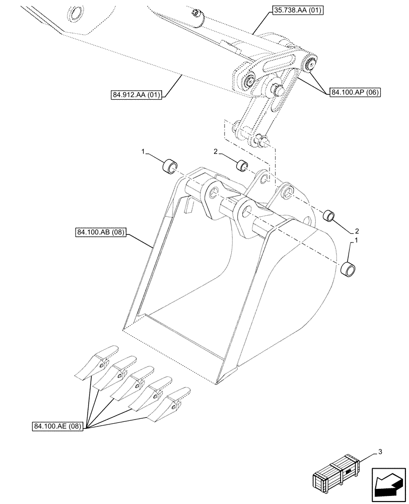 Схема запчастей Case 580N EP - (84.100.AM[08]) - VAR - 423064 - BUCKET, TRENCH 24INCH/610MM, BUSHING (84) - BOOMS, DIPPERS & BUCKETS