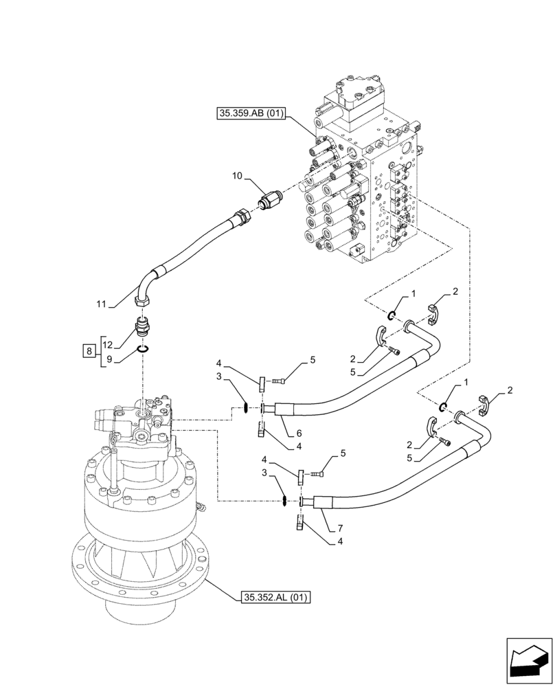 Схема запчастей Case CX350D LC - (35.352.AI[02]) - MOTO-REDUCTION GEAR, LINES (35) - HYDRAULIC SYSTEMS