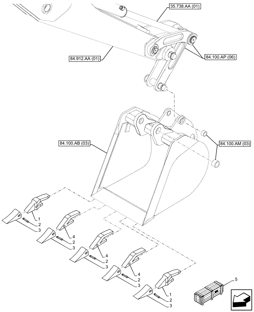 Схема запчастей Case 580SN WT - (84.100.AE[03]) - VAR - 423069 - BUCKET, UNIVERSAL 24INCH/610MM, TEETH (84) - BOOMS, DIPPERS & BUCKETS