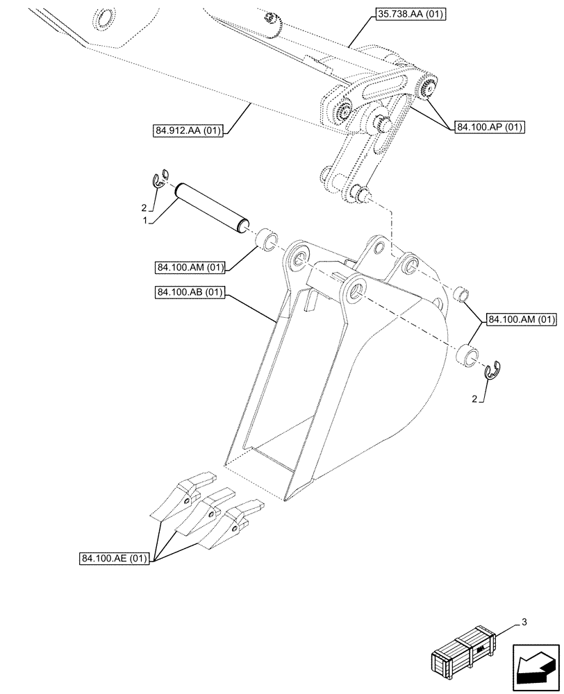 Схема запчастей Case 580N EP - (84.100.AQ) - VAR - 423066 - BUCKET, UNIVERSAL 12INCH/305MM, PIN (84) - BOOMS, DIPPERS & BUCKETS