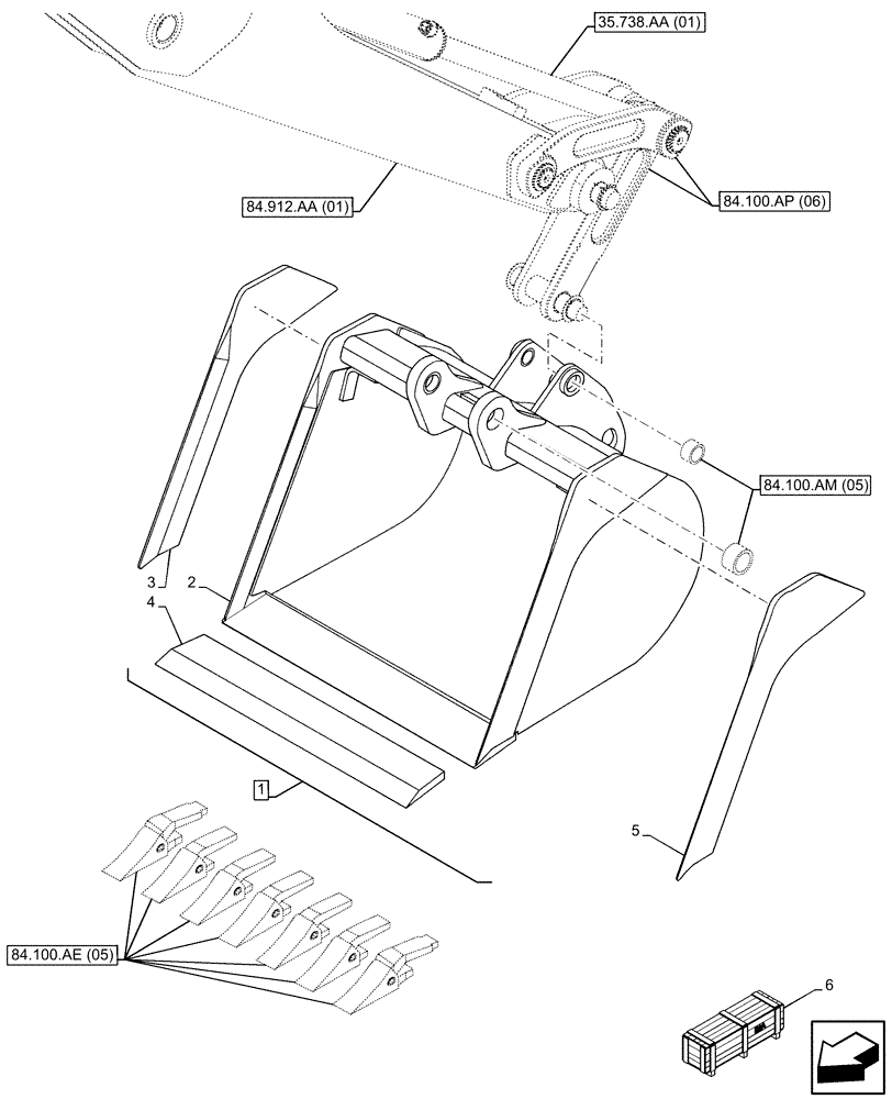 Схема запчастей Case 580SN - (84.100.AB[05]) - VAR - 423071 - BUCKET, UNIVERSAL 36INCH/914MM (84) - BOOMS, DIPPERS & BUCKETS