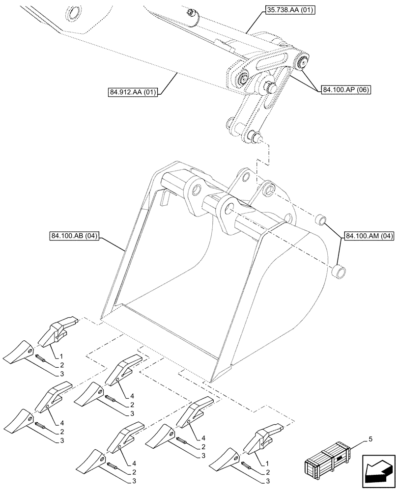 Схема запчастей Case 590SN - (84.100.AE[04]) - VAR - 423070 - BUCKET, UNIVERSAL 30INCH/762MM, TEETH (84) - BOOMS, DIPPERS & BUCKETS